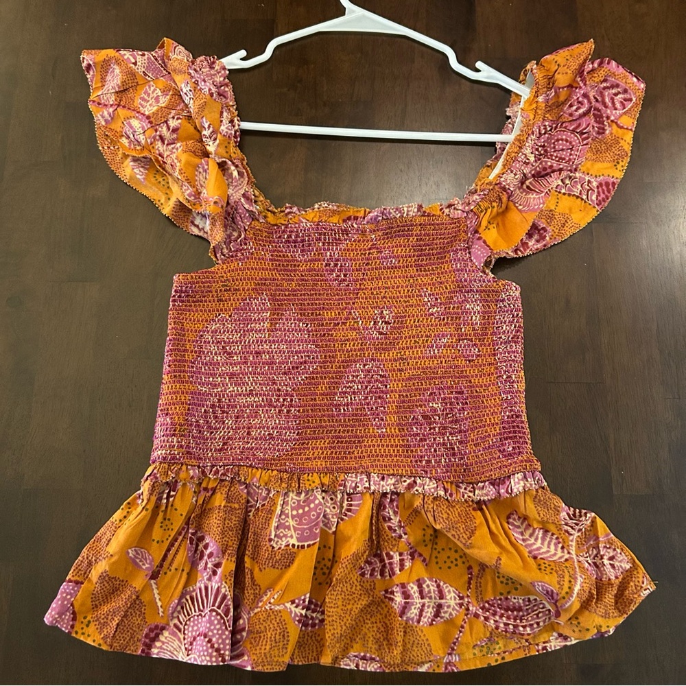 House of Harlow 1960 smocked off the shoulder boho orange pink print top Size S - Picture 2 of 13